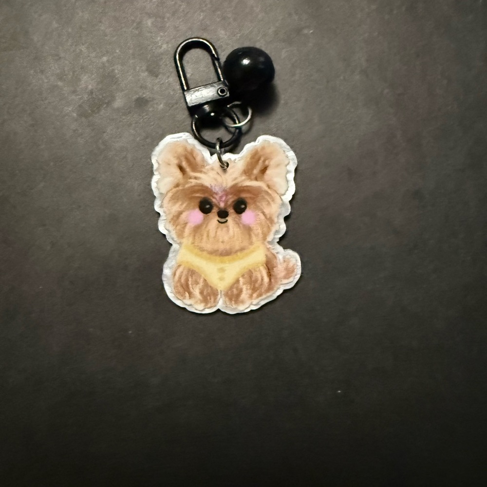 Mint Brown Plush Dog Keychain with Yellow Bandana and Pink Cheeks